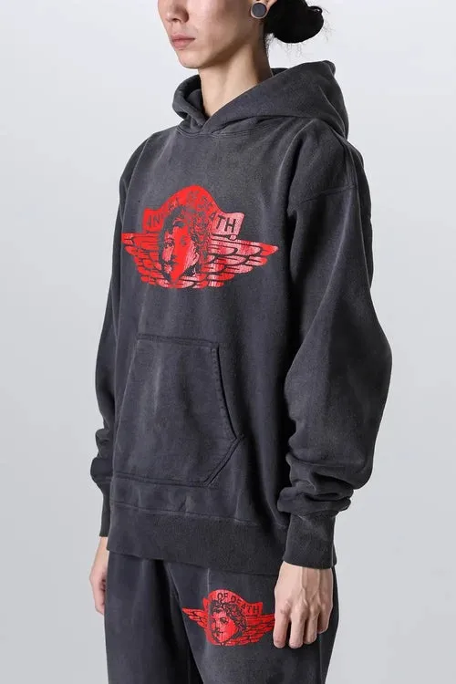 SAINT Mxxxxxx ANGEL HOODIE/BLK Angel Rebirth Crack Printed Retro Distressed Hoodie Assute dyeing, full-length spray-on fade, heavy fermentation wash, NEW VINTAGE texture, factory four-needle and six-thread workmanship, boneless patchwork, more comfortable to wear, genuine level crack print/accessories restored